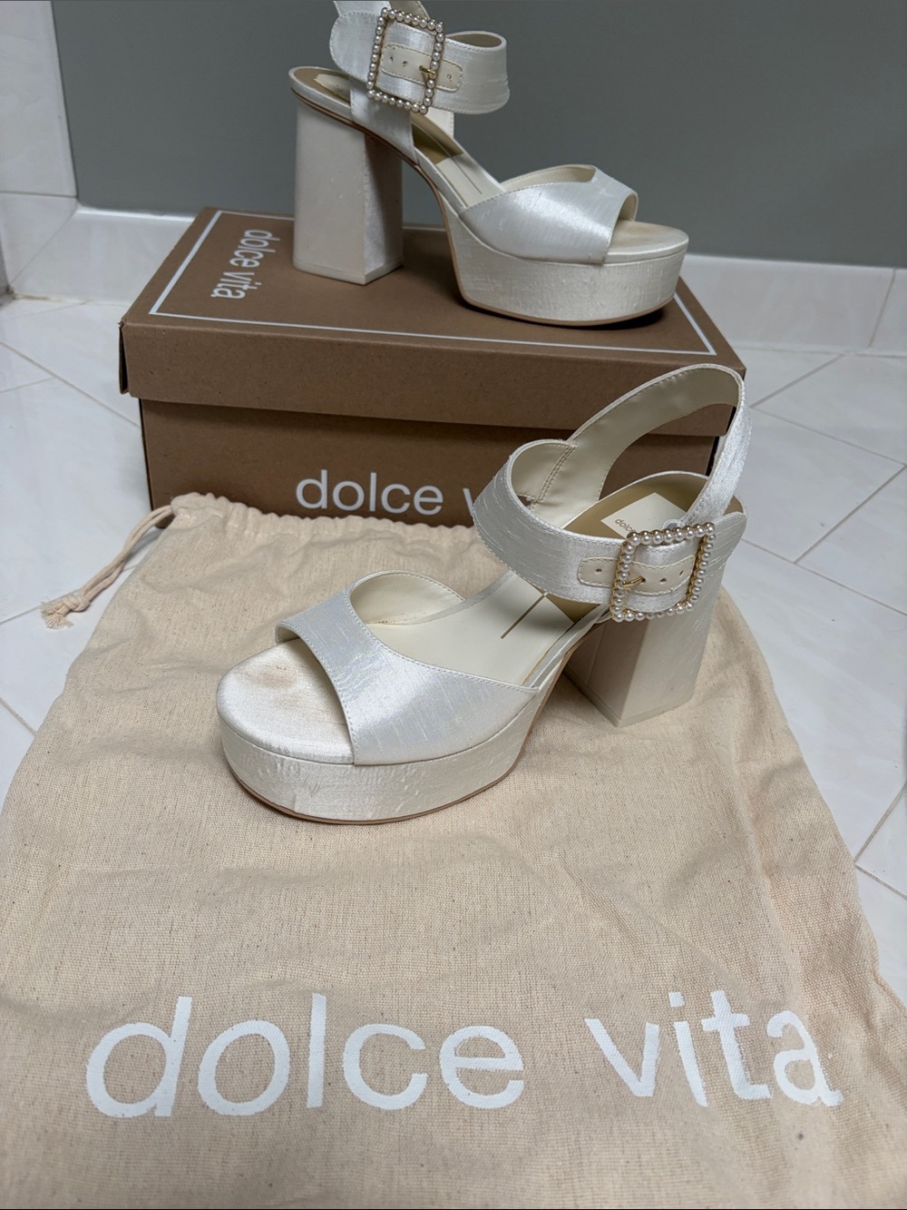 Dolce Vita Pearl-Buckle Satin Platform Block Heels perfect Bridal shoes!